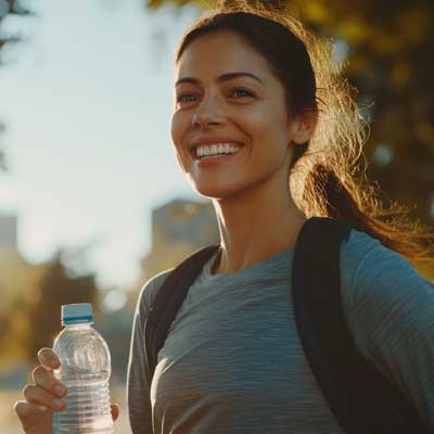female student with knapsack and a bottle of water